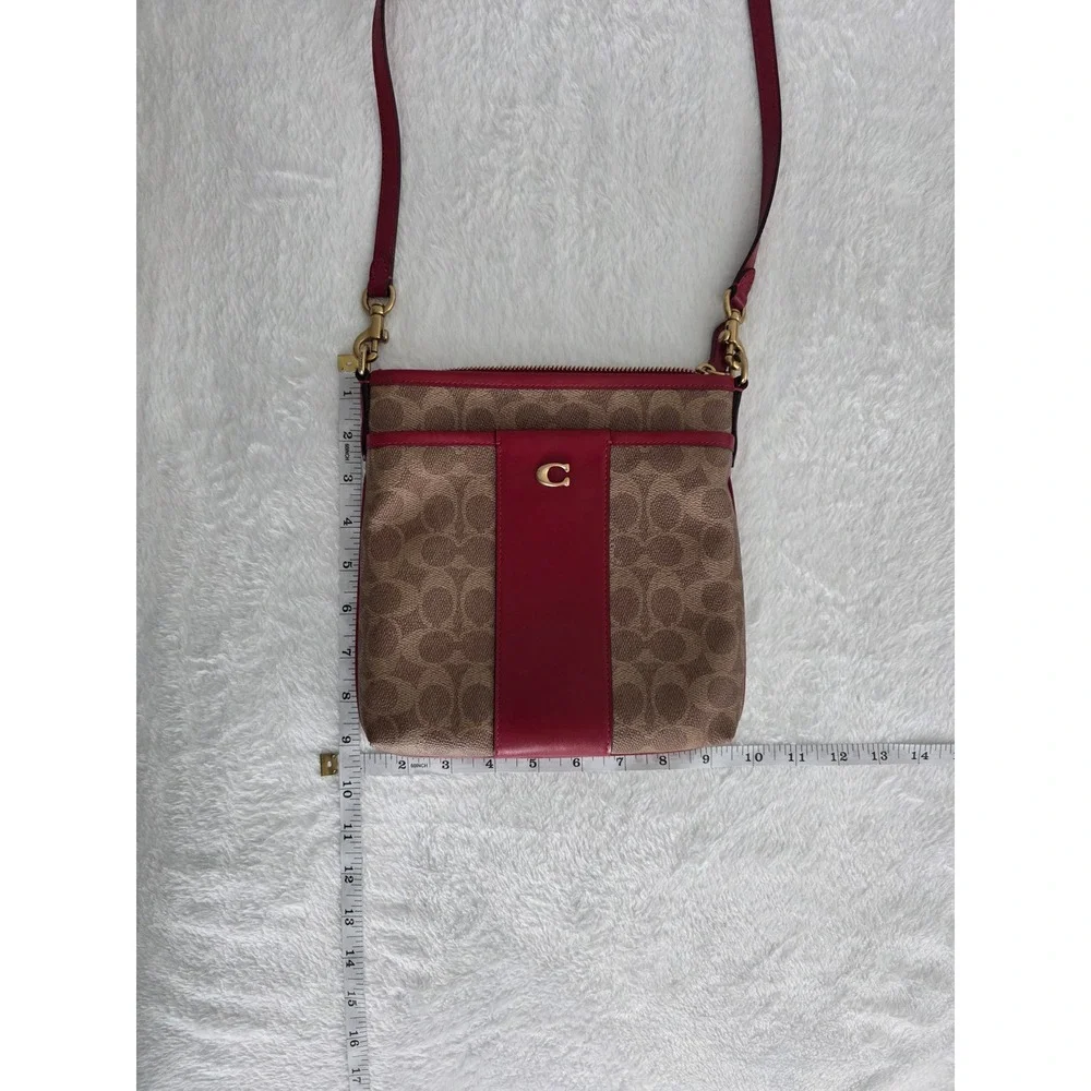 Coach North South Crossbody Bag Signature Canvas Red Leather Trim Gold C Logo